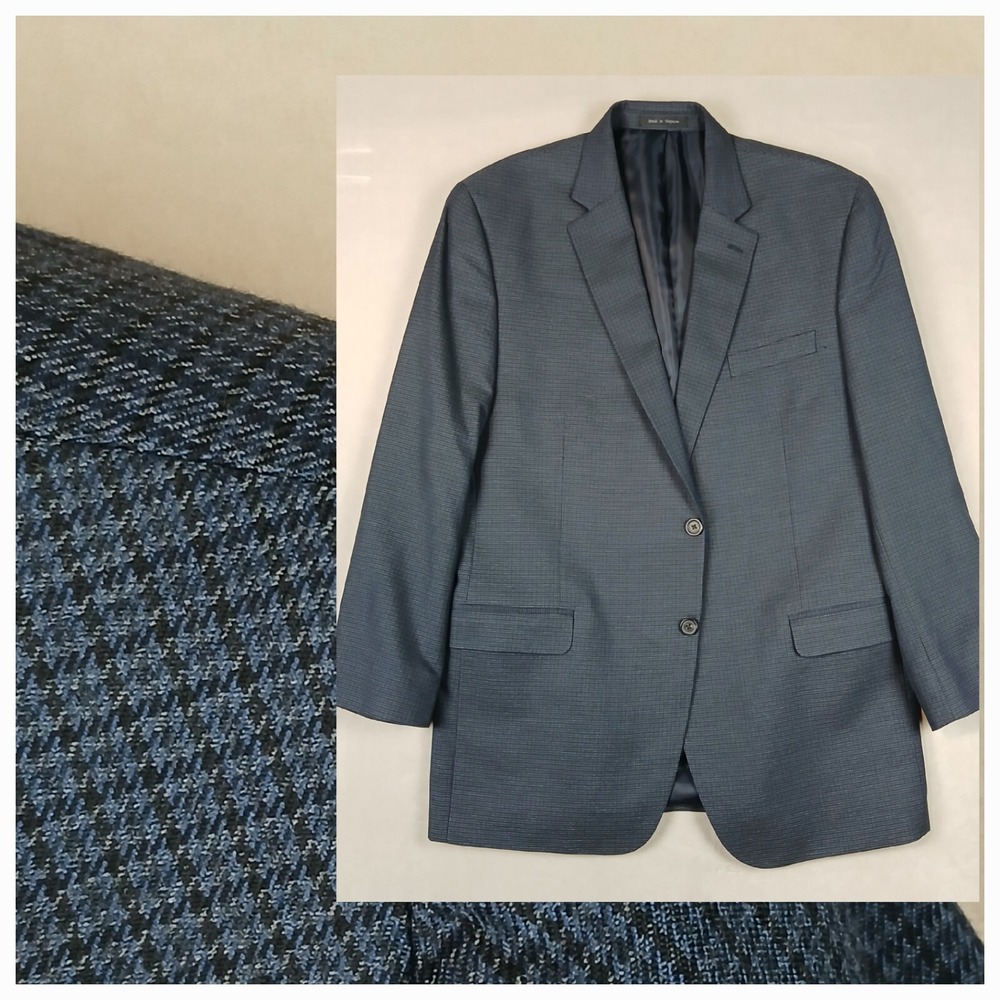 Chaps 44L Mens Sport Coat Jacket Houndstooth Blue Rayon Polyester